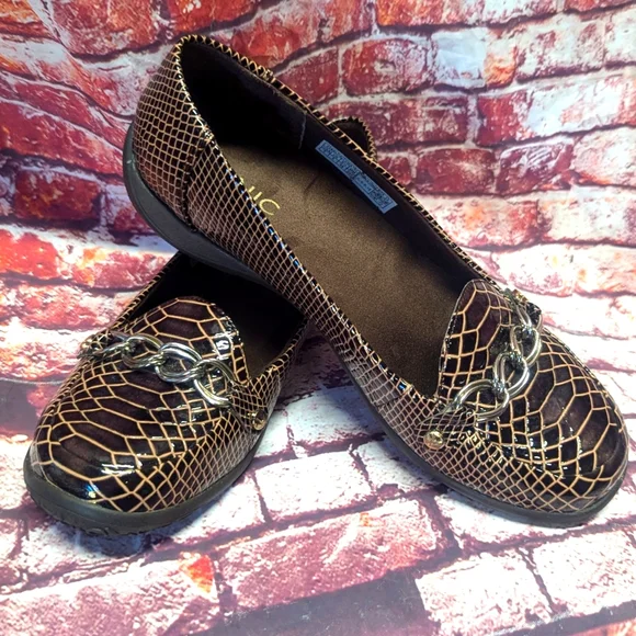 Vionic Alda Womens 7 Brown Leather Snake Croc Chain Orthaheel Loafers - Picture 2 of 7